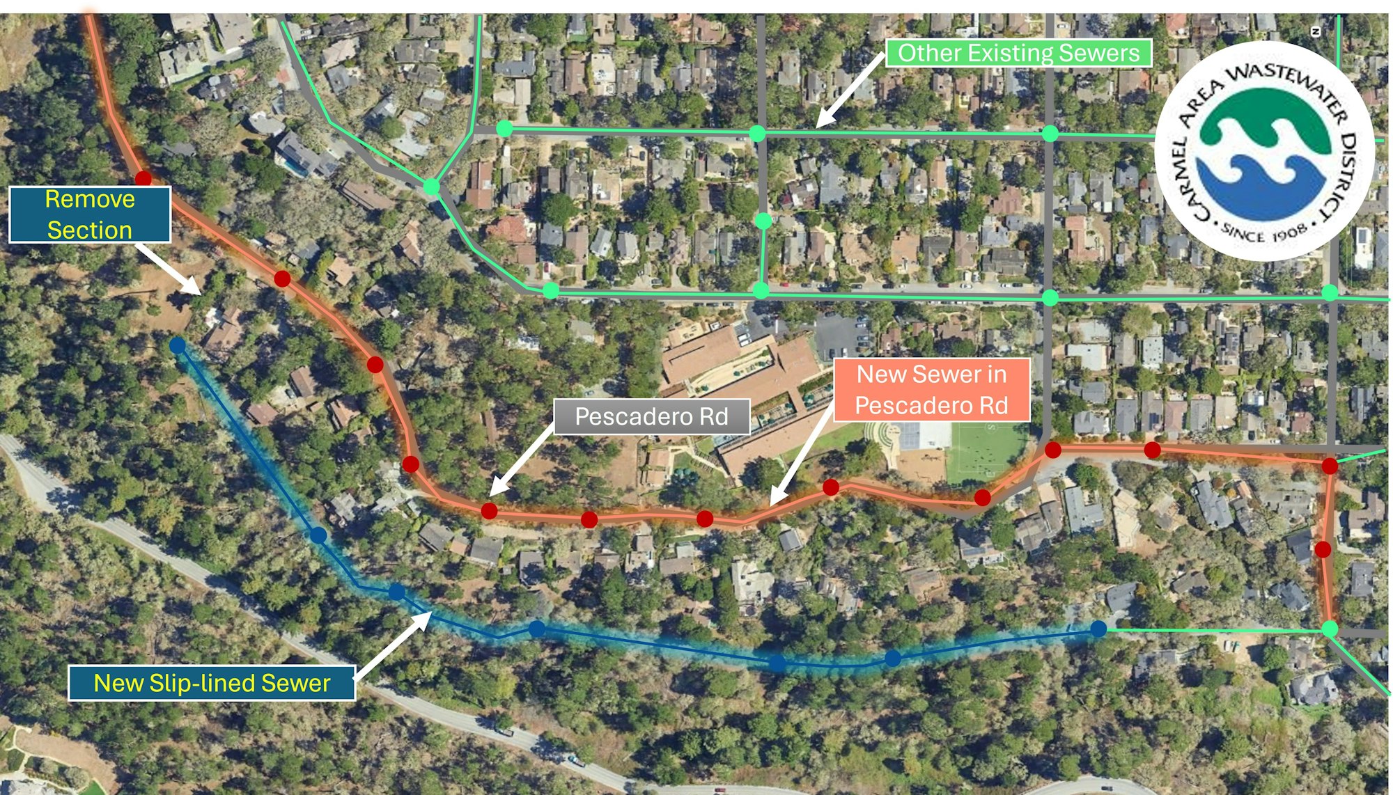 Map showing sewer lines in Carmel Area Wastewater District; new sewer on Pescadero Rd, slip-lined sewer, and section removal highlighted.