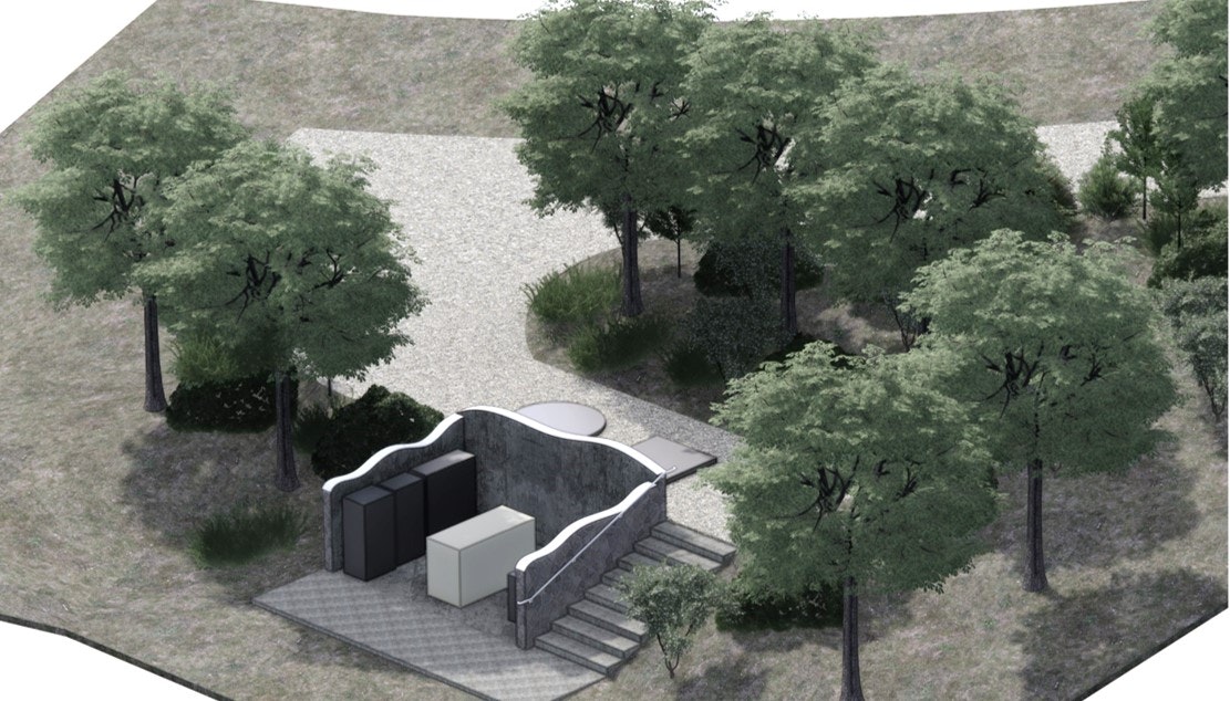 Pathway through trees with a modern structure surrounded by greenery.