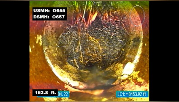 A camera view inside a pipe with roots and debris, showing depth measurements.