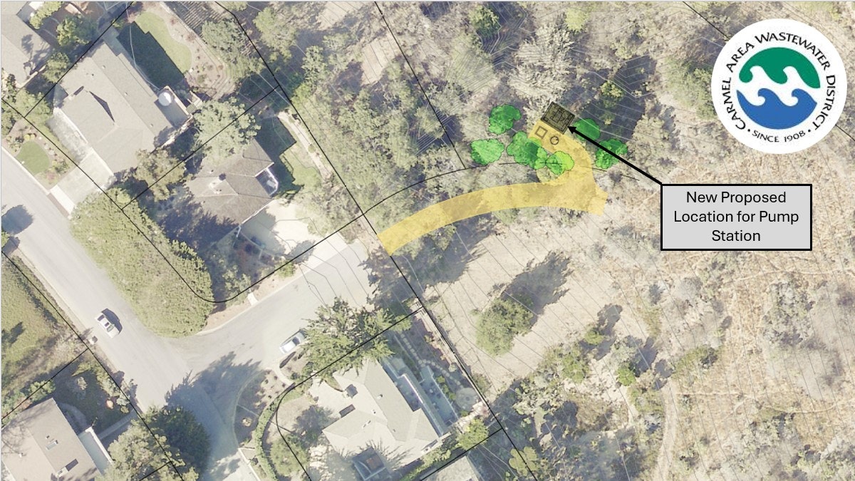 Aerial map highlighting a new proposed location for a pump station in a residential area, with roads and trees. Logo of Carmel Area Wastewater.