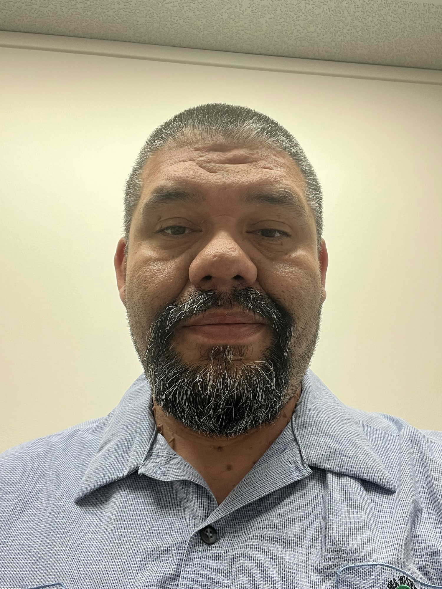 A person with a beard wearing a light blue shirt, looking at the camera.