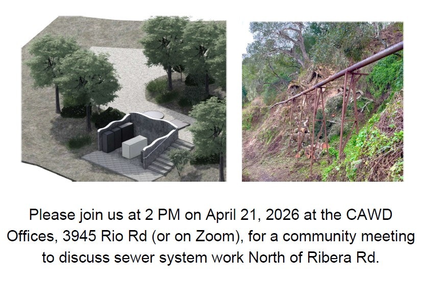 Image contains a community meeting announcement for sewer system work, scheduled for April 21, 2026, at CAWD Offices or Zoom.