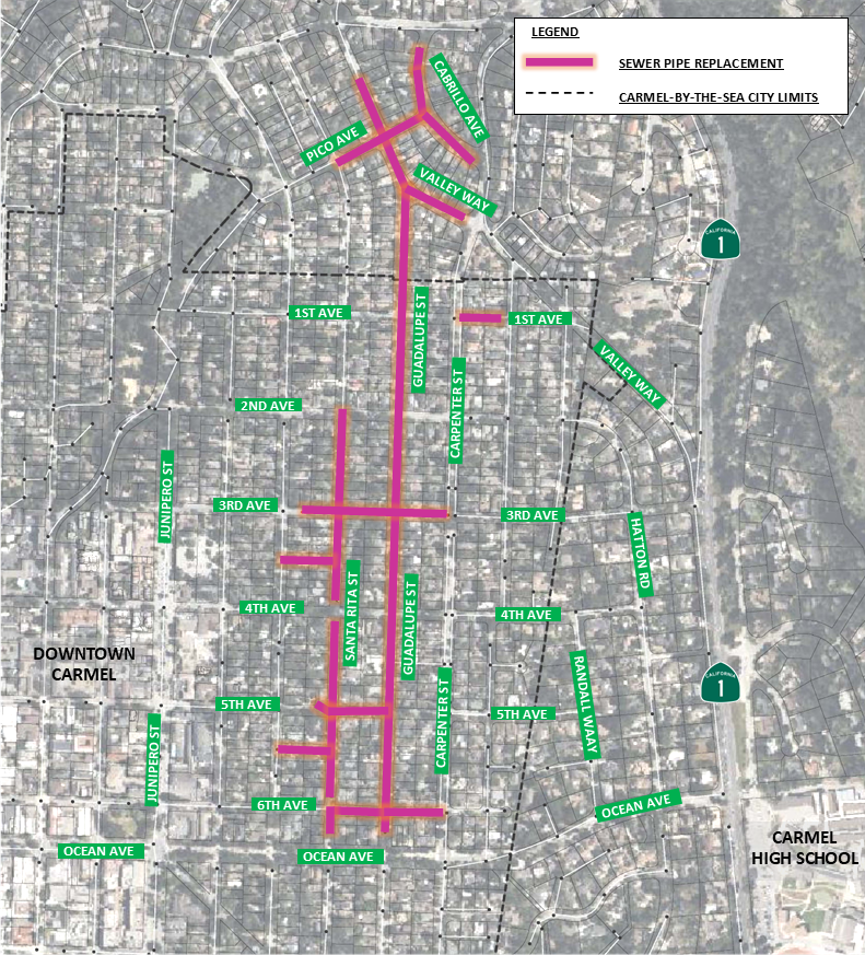 A map showing sewer pipe replacement areas in downtown Carmel, with streets and city limits marked.