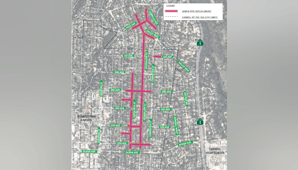 A map showing sewer pipe replacement areas in downtown Carmel, with streets and city limits marked.