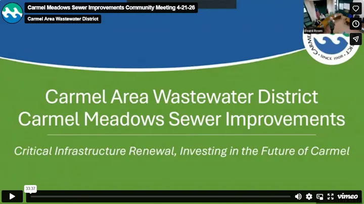 The image is about a community meeting for the Carmel Area Wastewater District's sewer improvements, focusing on infrastructure renewal.