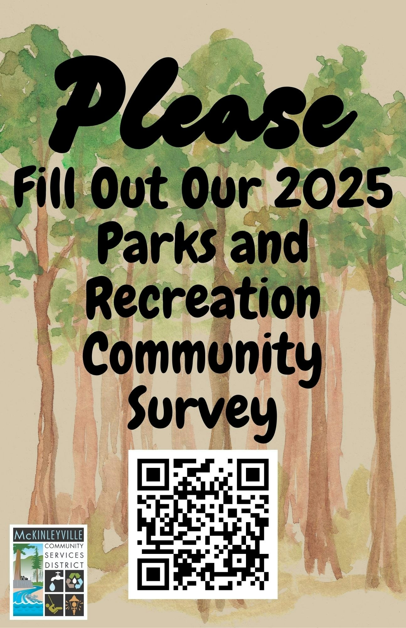 "Please fill out our 2025 Parks and Recreation Community Survey" with a QR code.