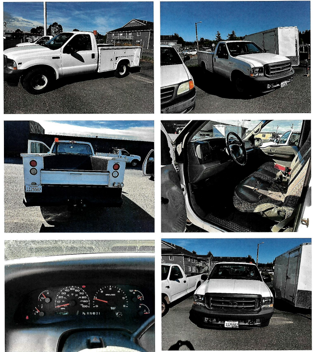 The image features multiple views of a white truck, including its exterior, interior, and dashboard gauges.