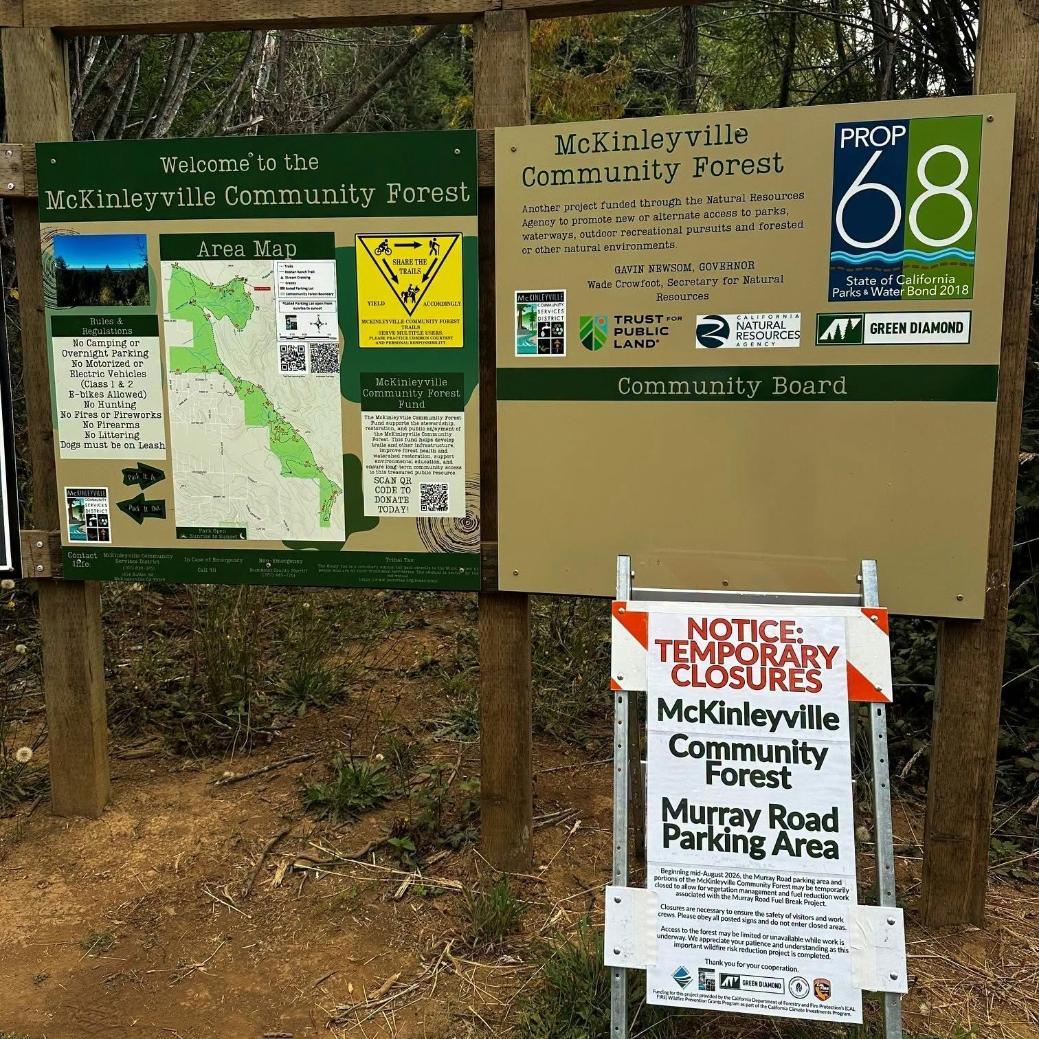 Signage for McKinleyville Community Forest: area map, rules, and temporary closure notice for Murray Road parking area.