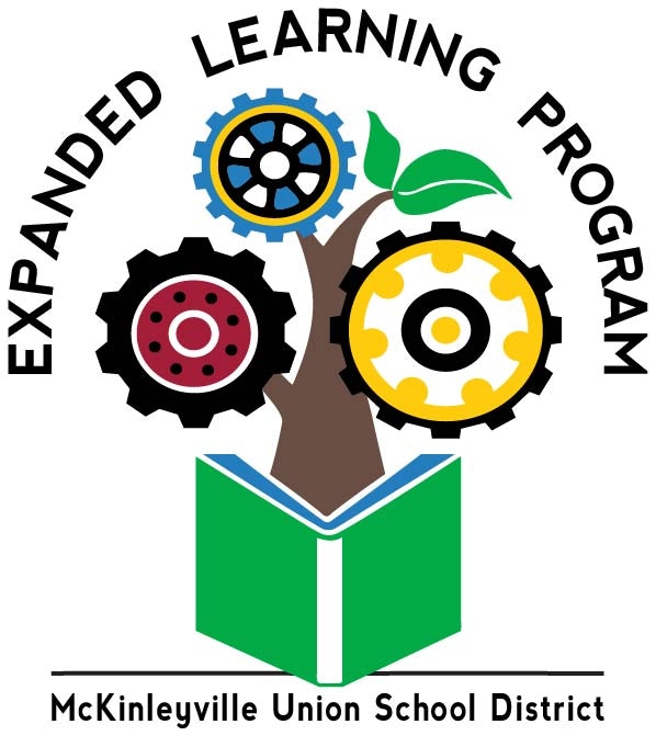 A graphic with gears and a book forming a tree under the text "Expanded Learning Program," and "McKinleyville Union School District."