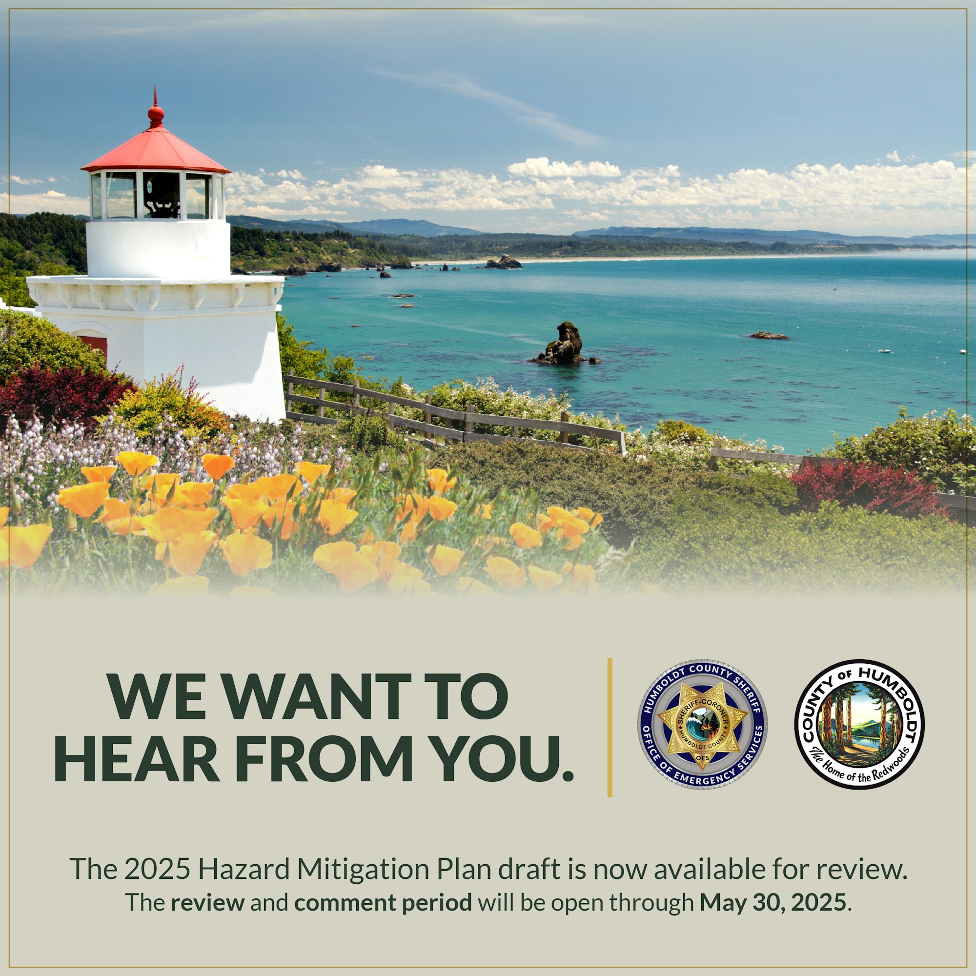 Lighthouse with ocean view, flowers, and text about the 2025 Hazard Mitigation Plan draft open for review and comment until May 30, 2025.