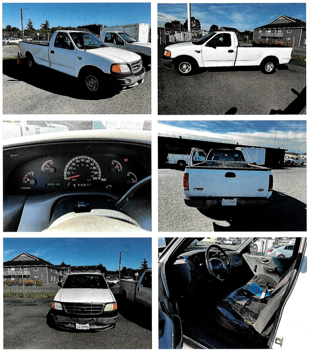 The image shows various angles of a white pickup truck, including interior views and dashboard details.