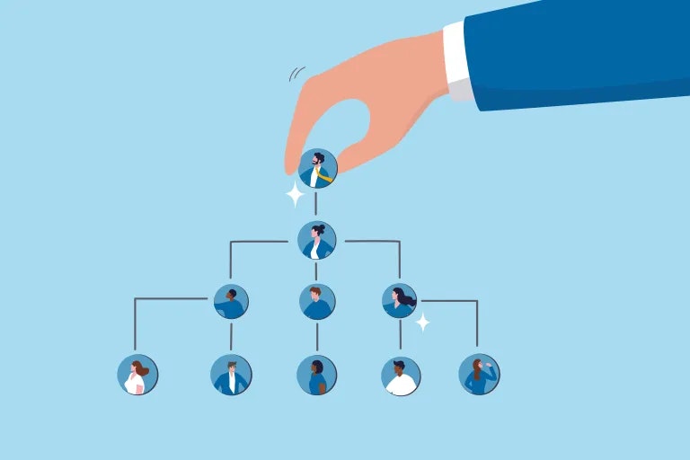 An illustrated organizational chart with a hand selecting an individual from a tree of interconnected figures.