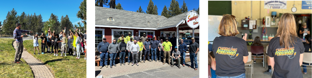 A group of people at an outdoor event, a team posing outside a restaurant, and two individuals wearing matching shirts with a motivational phrase.