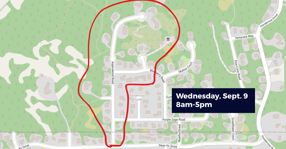 Map showing a marked route or area in Ponderosa Palisades, indicating an event on September 9 from 8 AM to 5 PM.