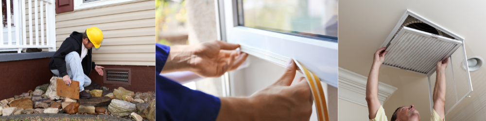 The image shows three home improvement activities: landscaping work, window sealing, and HVAC maintenance.