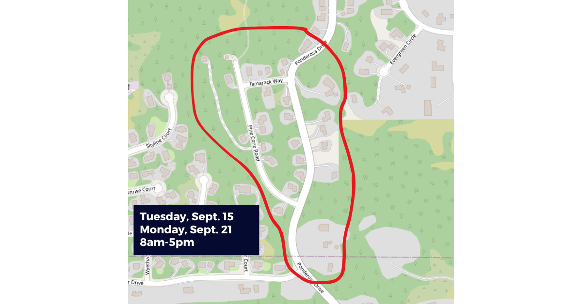 The image shows a map highlighting a specific area, with work scheduled for Sept. 15 and Sept. 21 from 8 AM to 5 PM.