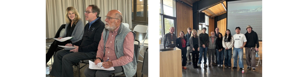 The image features a panel discussion with speakers seated on one side and a group photo of participants on the other side.