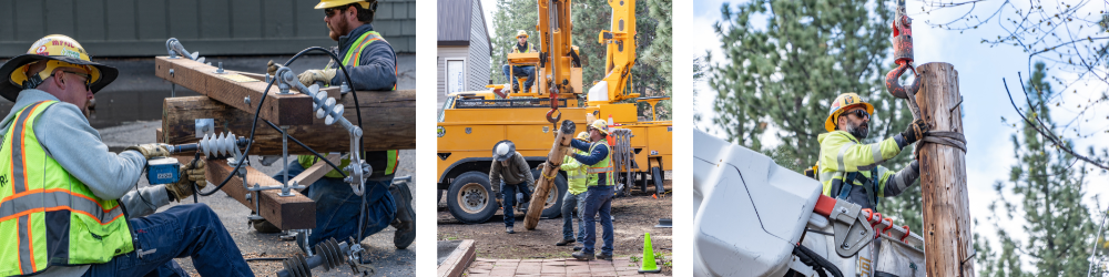 The image shows utility workers installing power poles and equipment using machinery and tools in an outdoor setting.
