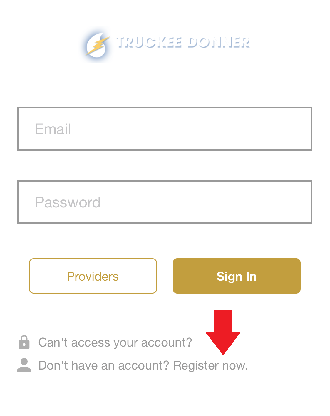 The image shows a login page for "Truckee Donner" with fields for email and password, plus options to access or register an account.