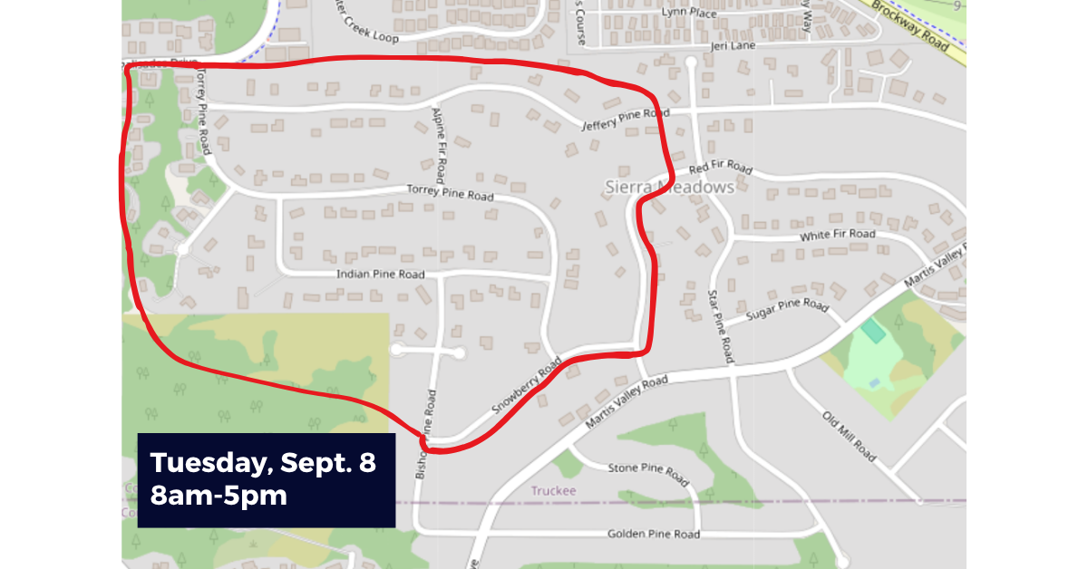 Map showing an area outlined in red with a notice for an event on Tuesday, Sept. 8 from 8am-5pm.