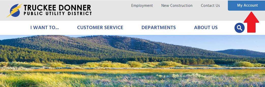 The image shows a website header for the Truckee Donner Public Utility District, featuring navigation links and a scenic background.