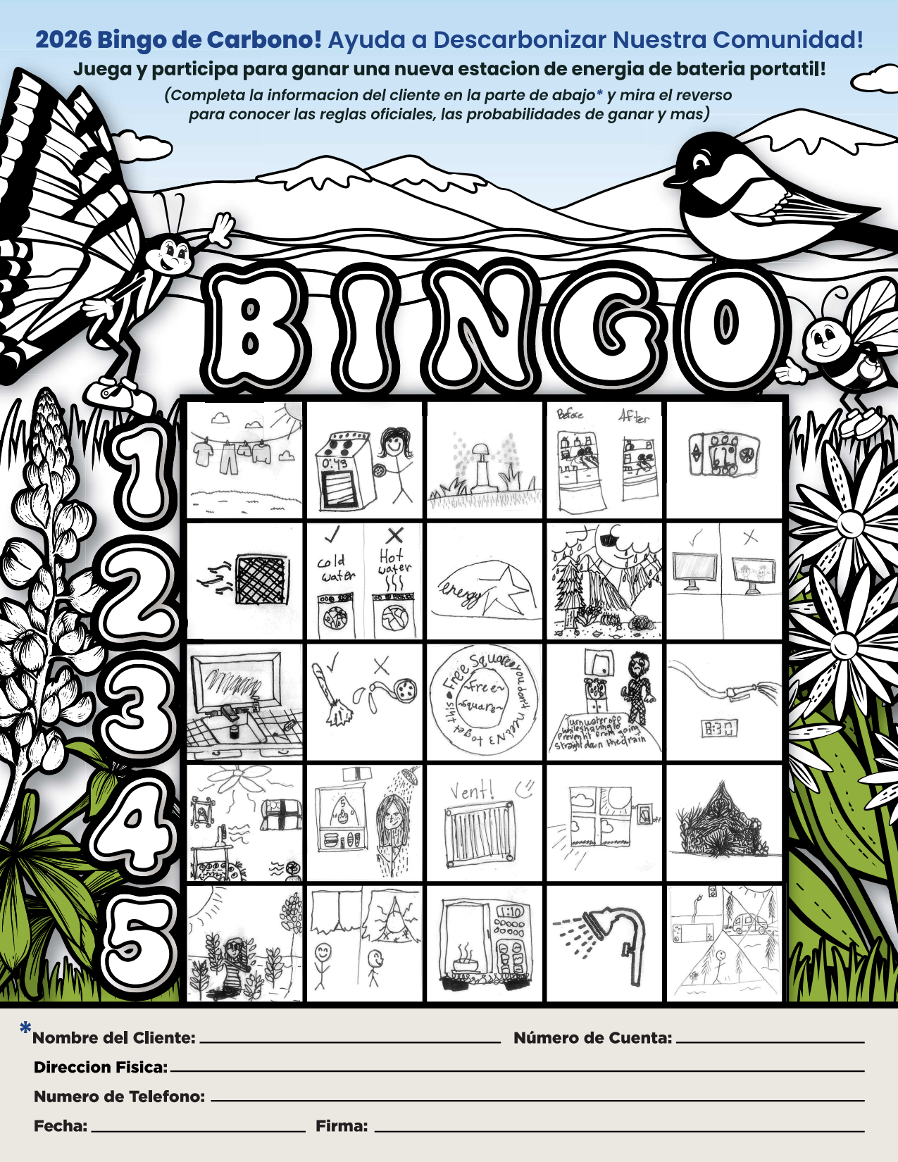 A bingo card themed around carbon reduction, featuring various drawings and a participation prompt for a battery station giveaway.