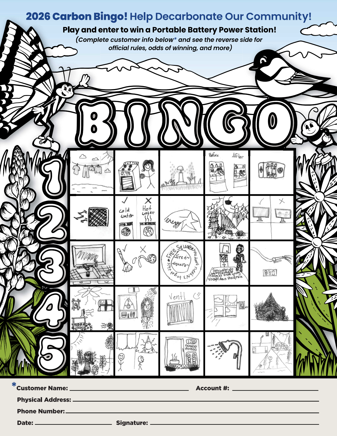 A "2026 Carbon Bingo" card encouraging eco-friendly actions, with sketches in bingo format and a chance to win a portable battery.
