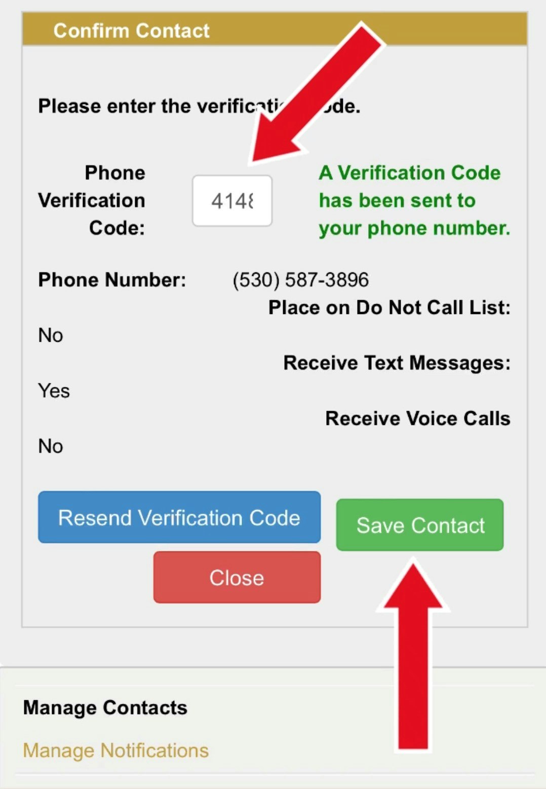 The image shows a contact confirmation interface requesting a verification code and options for managing contact preferences.