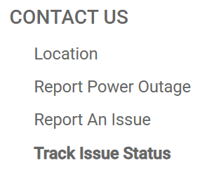 The image shows a "Contact Us" section with options to report issues and track their status.