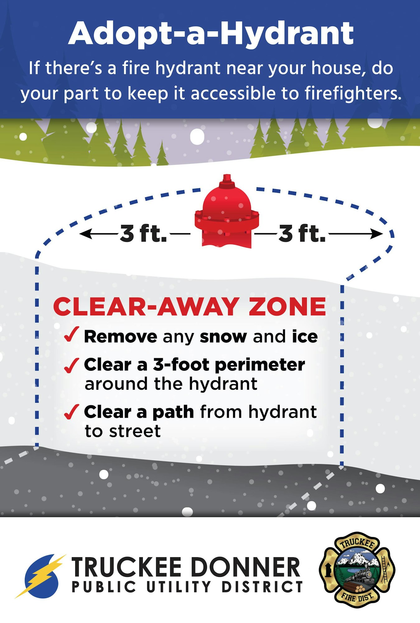 The image promotes keeping fire hydrants clear of snow and ice, with guidelines for a 3-foot perimeter for accessibility.