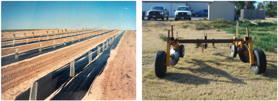 The left shows a field with rows of black plastic for crop cultivation; the right displays a wheeled farming implement.