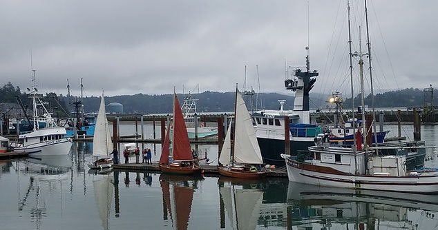 Harbor with various boats, including sailboats with red sails, under overcast skies.