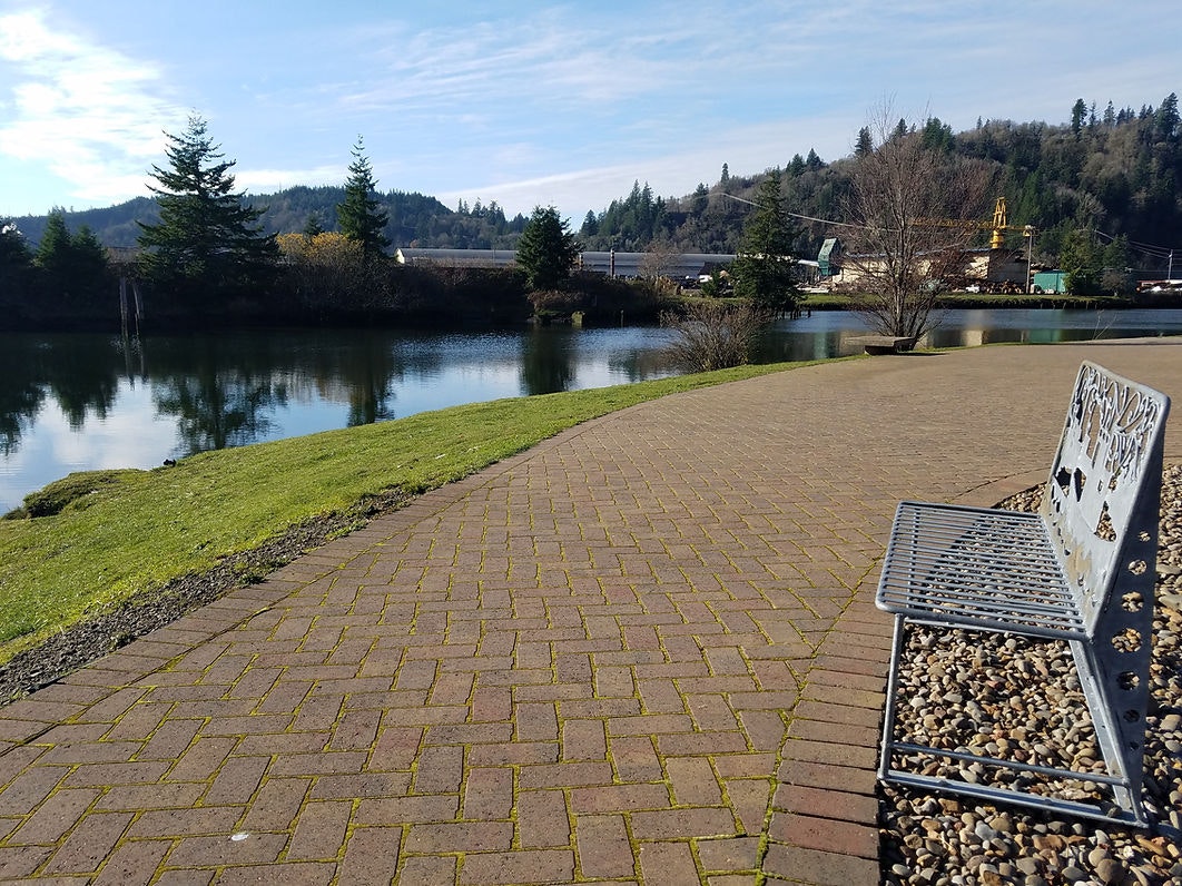 A riverside walkway with a bench, trees, and industrial structures in the distance under a blue sky.