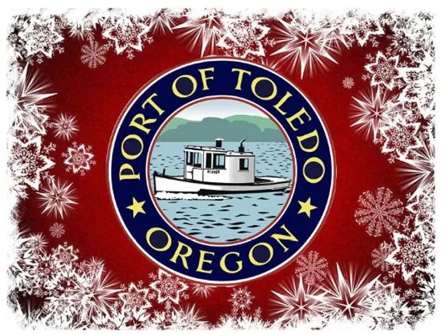A logo for "Port of Toledo Oregon" surrounded by a snowflake border.