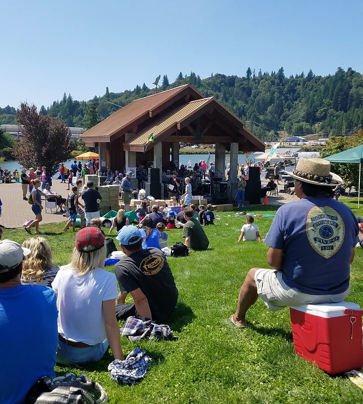 Outdoor event with people seated on grass, watching a performance at a pavilion, sunny day.