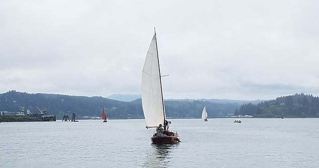 A sailboat on calm waters with other boats in the distance and a cloudy sky.