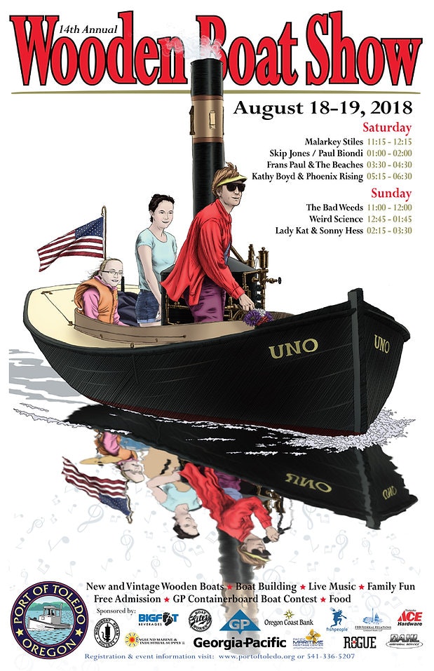 Poster for the 14th Annual Wooden Boat Show, with dates and schedule, featuring an illustration of people in a wooden boat labeled "UNO".