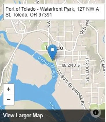 Map screenshot showing Port of Toledo - Waterfront Park, Toledo, Oregon, with streets and waterways.