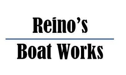 Text logo reading "Reino's Boat Works" with a blue line underneath.