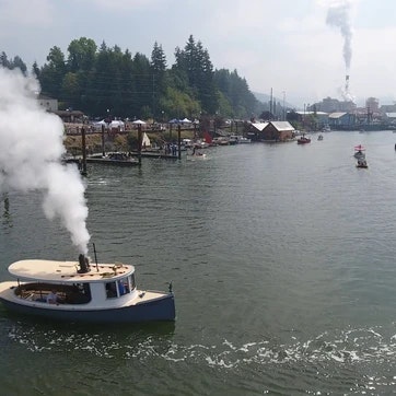 A steamboat on a river with smoke billowing, other boats in the distance, and a forested shoreline.