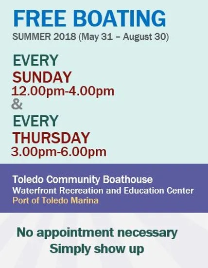 The image is a flyer advertising free boating on Sundays and Thursdays at Toledo Community Boathouse during summer 2018, with no appointment needed.