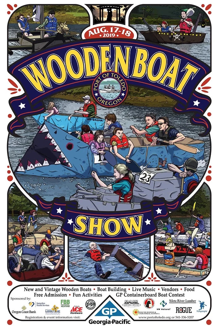 Poster for the Wooden Boat Show in Toledo, Oregon, on Aug 17-18, 2019, featuring illustrations of people with boats, activities, and event details.