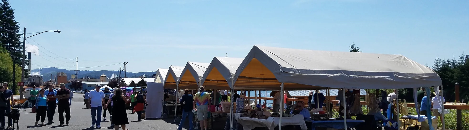Outdoor market with tents, people browsing, clear sky.
