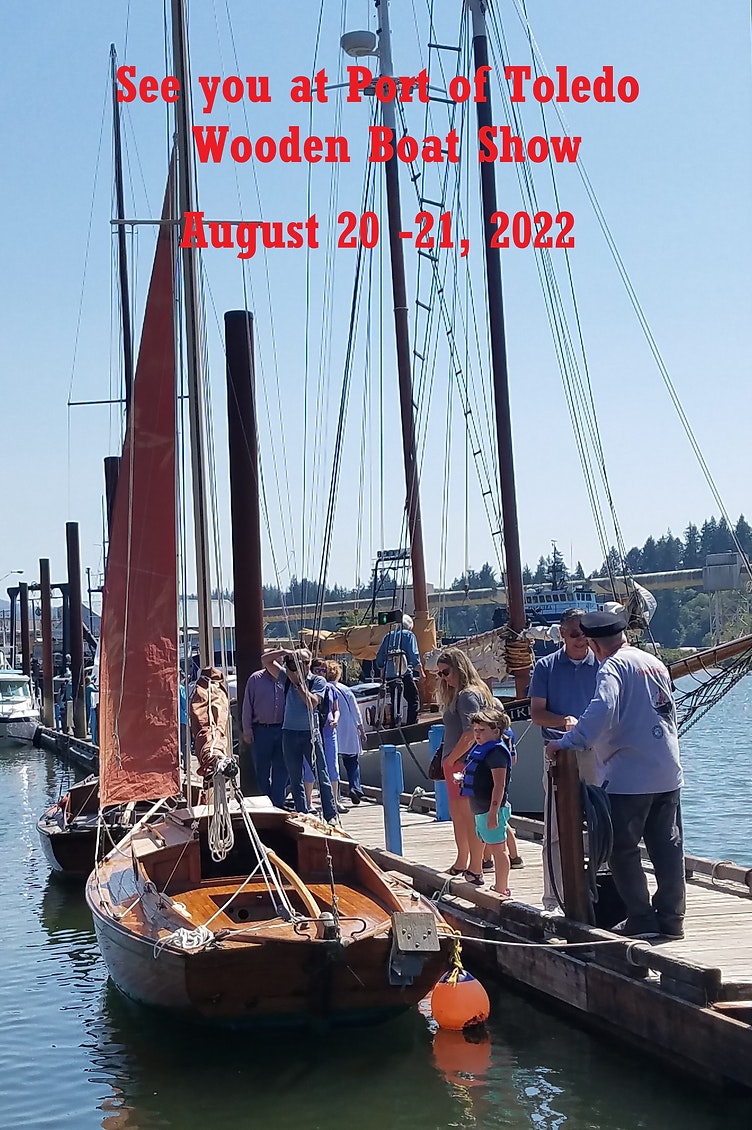 People at a wooden boat show, with text overlay about the event.