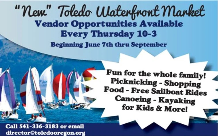 Ad for Toledo Waterfront Market with vendor info, activities like sailing, canoeing, and dates.