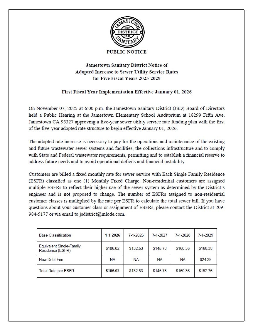 Public notice about a sewer rate increase by the Jamestown Sanitary District for fiscal years 2025-2029, effective January 2026.