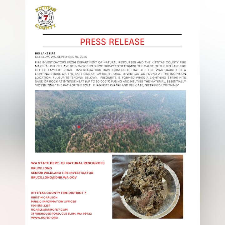 Press release about Big Lake Fire caused by lightning strike in Cle Elum, WA, with images of the fire site and fulgurite.
