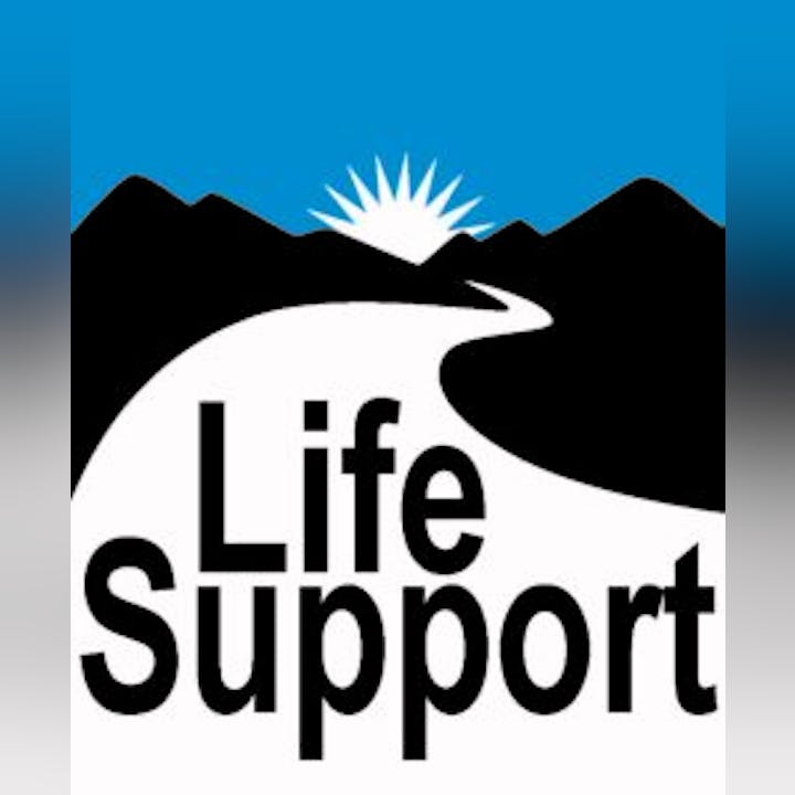 Text "Life Support" with a mountain, sunburst, and river graphic on a blue background.