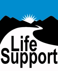 Text "Life Support" with a mountain, sunburst, and river graphic on a blue background.