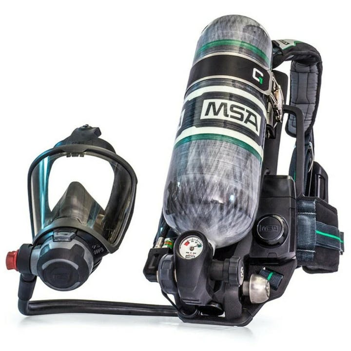 Respirator mask and air tank equipment, possibly used for firefighting or hazardous environments.